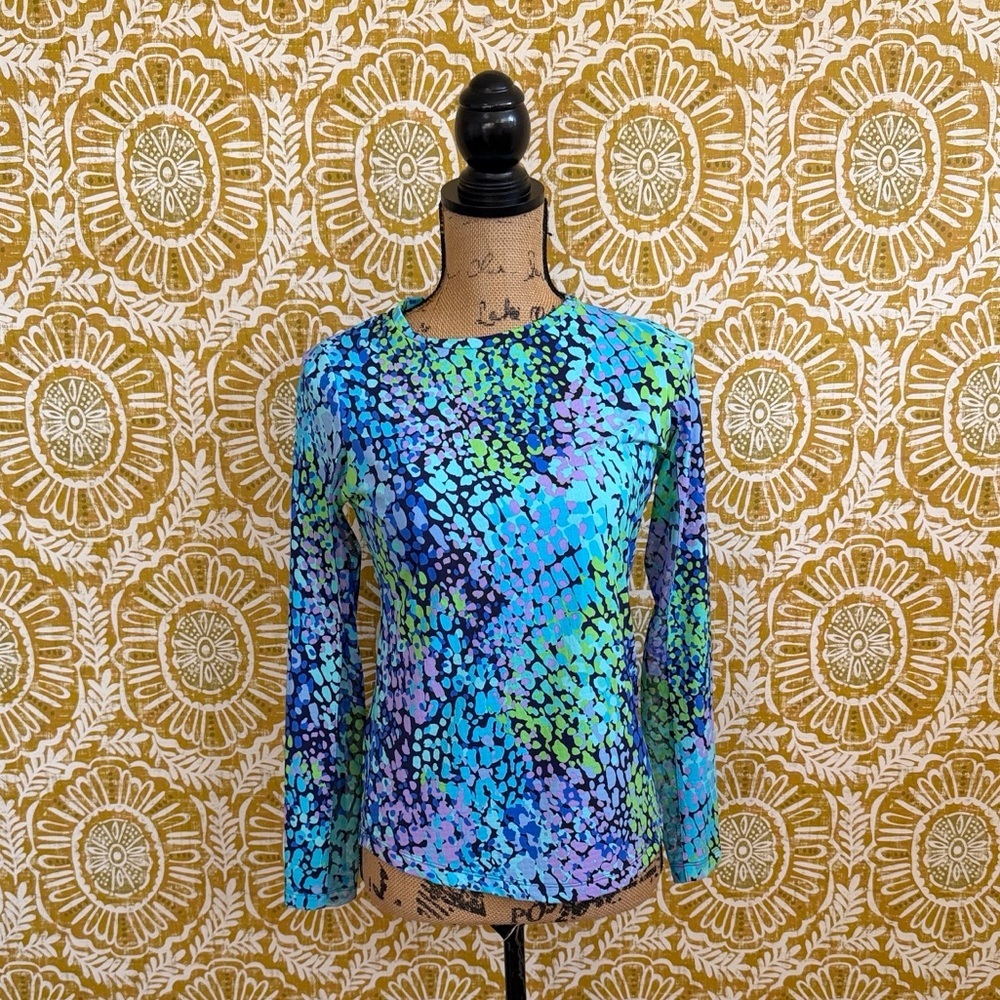IBKUL Camille Print UPF50 Crewneck Long Sleeve Top in Navy Multi Sz XS - Picture 2 of 8